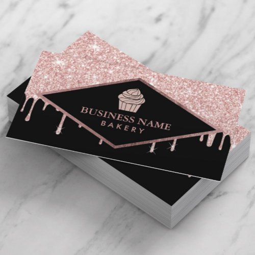 Cupcake Pastry Cake Bakery Rose Gold Glitter Drips Business Card