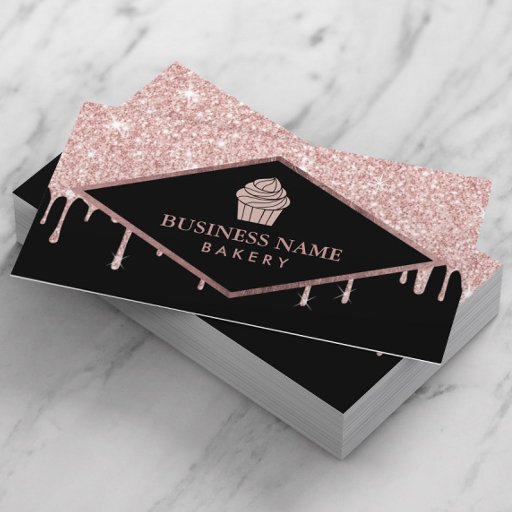 Customizable Cupcake Pastry Cake Bakery Rose Gold Glitter Drips Business Card