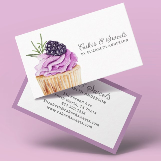 Cupcake Pastry Chef Bakery Business Card (A modern and elegant cupcake bakery business card featuring a blackberry cupcake.)
