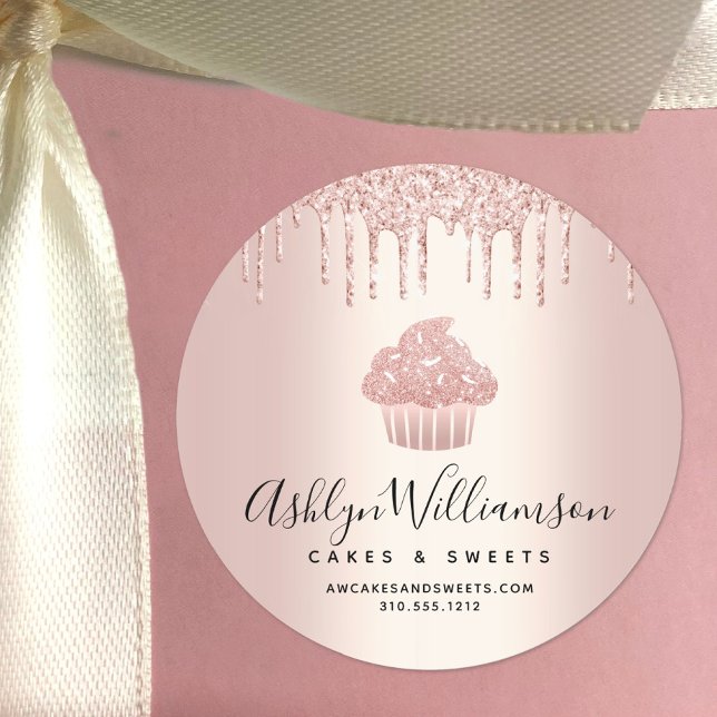 Cupcake Pastry Chef Bakery Rose Gold Glitter Drips Classic Round Sticker (Creator Uploaded)