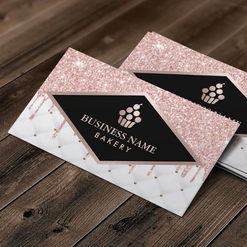 Cupcake Pastry Chef Rose Gold Glitter Drips Bakery Business Card