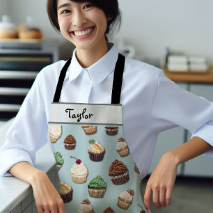Cupcake Pattern Add Your Name Steel Blue Bakery Apron