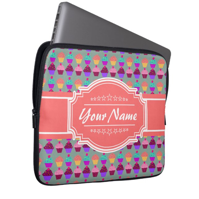 Cupcake Pattern Coral Personalized Name Laptop Sleeve (Front Right)