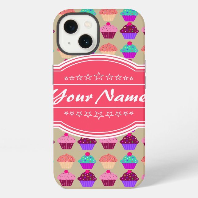 Cupcake Pattern Hot Pink Personalized Name Iphone Case (Back)