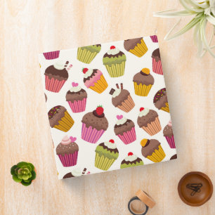 Cupcake Pattern, Muffin Pattern, Chocolate, Hearts 3 Ring Binder