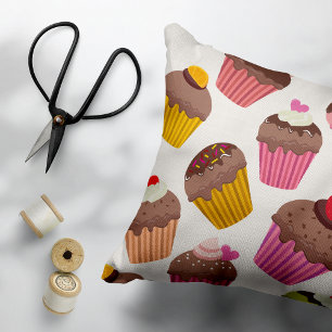 Cupcake Pattern, Muffin Pattern, Chocolate, Hearts Accent Pillow