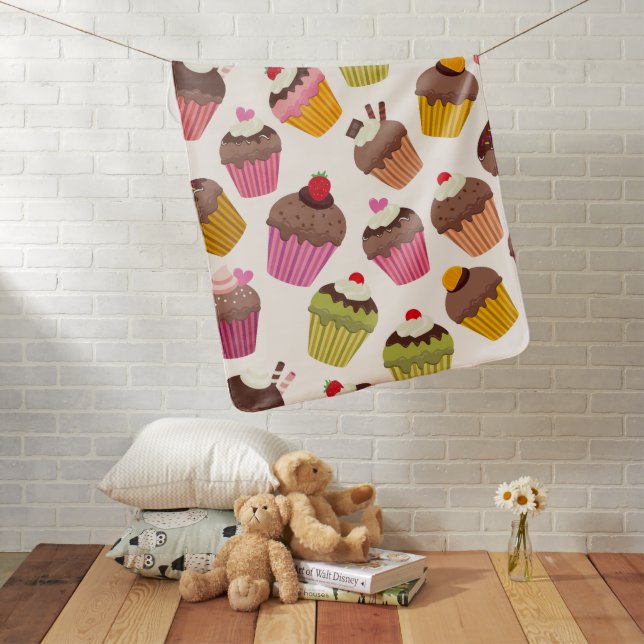 Cupcake Pattern, Muffin Pattern, Chocolate, Hearts Baby Blanket (In Situ)