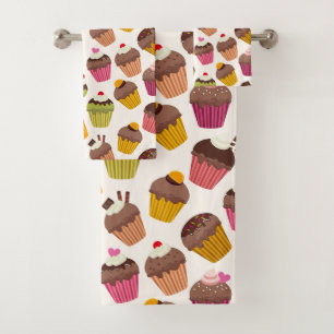 Cupcake Pattern, Muffin Pattern, Chocolate, Hearts Bath Towel Set