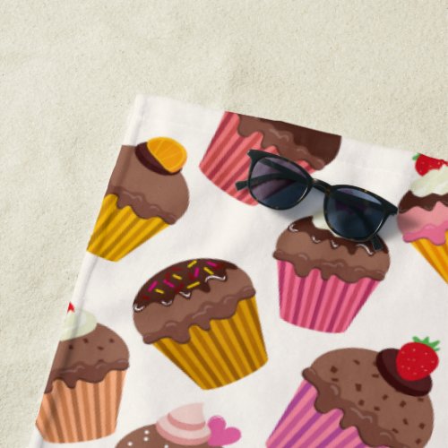 Cupcake Pattern Muffin Pattern Chocolate Hearts Beach Towel