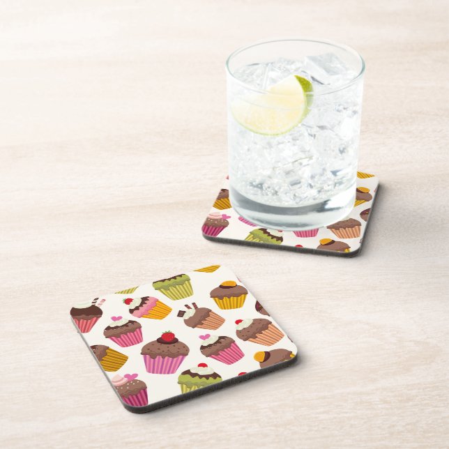 Cupcake Pattern, Muffin Pattern, Chocolate, Hearts Beverage Coaster (Right Side)