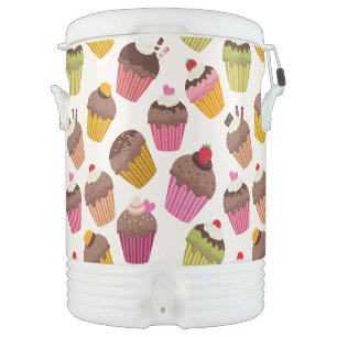 Cupcake Pattern, Muffin Pattern, Chocolate, Hearts Beverage Cooler
