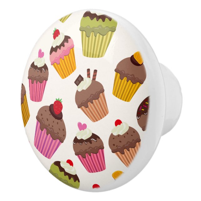 Cupcake Pattern, Muffin Pattern, Chocolate, Hearts Ceramic Knob (Right)