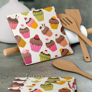 Cupcake Pattern, Muffin Pattern, Chocolate, Hearts Ceramic Tile
