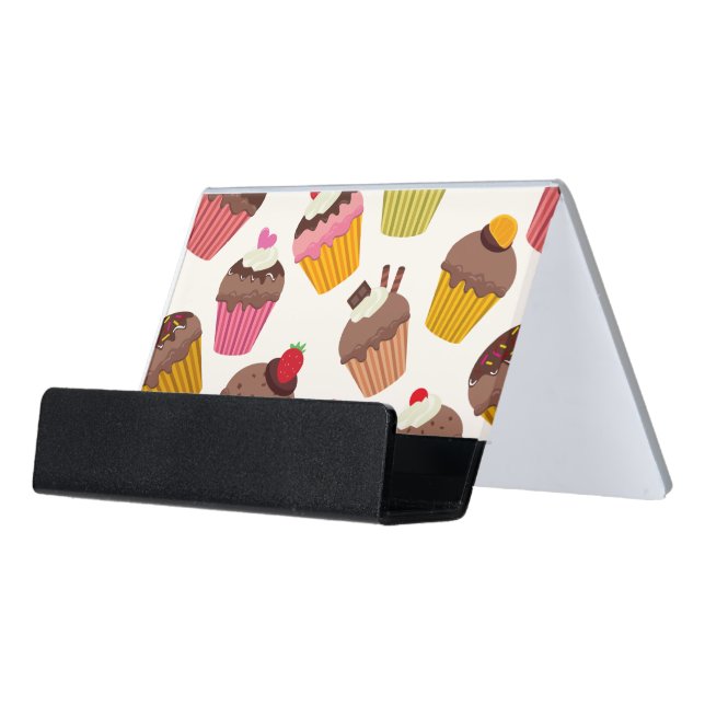 Cupcake Pattern, Muffin Pattern, Chocolate, Hearts Desk Business Card Holder (Angled Front)