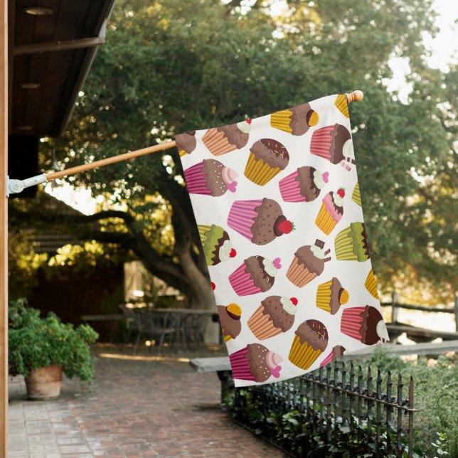 Cupcake Pattern, Muffin Pattern, Chocolate, Hearts House Flag (In SItu)