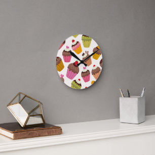 Cupcake Pattern, Muffin Pattern, Chocolate, Hearts Round Clock