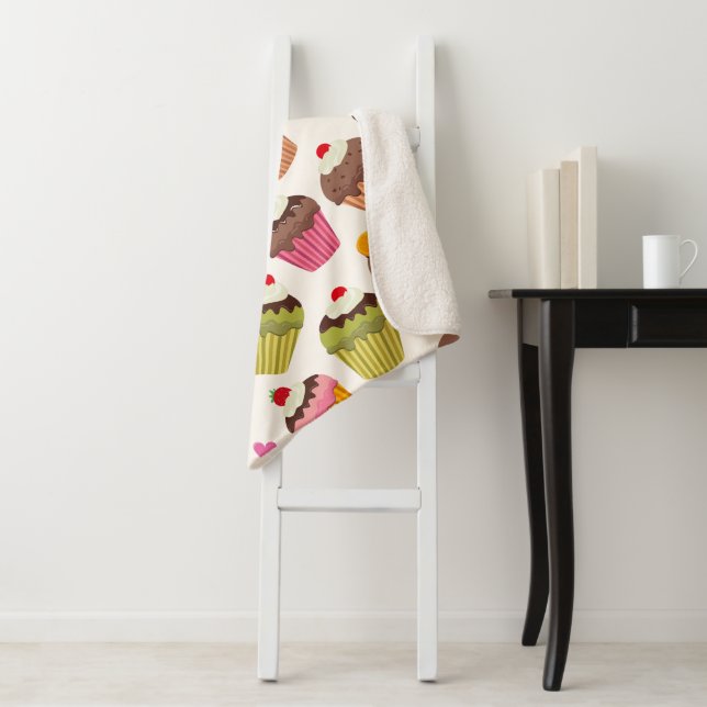 Cupcake Pattern, Muffin Pattern, Chocolate, Hearts Sherpa Blanket (In Situ)