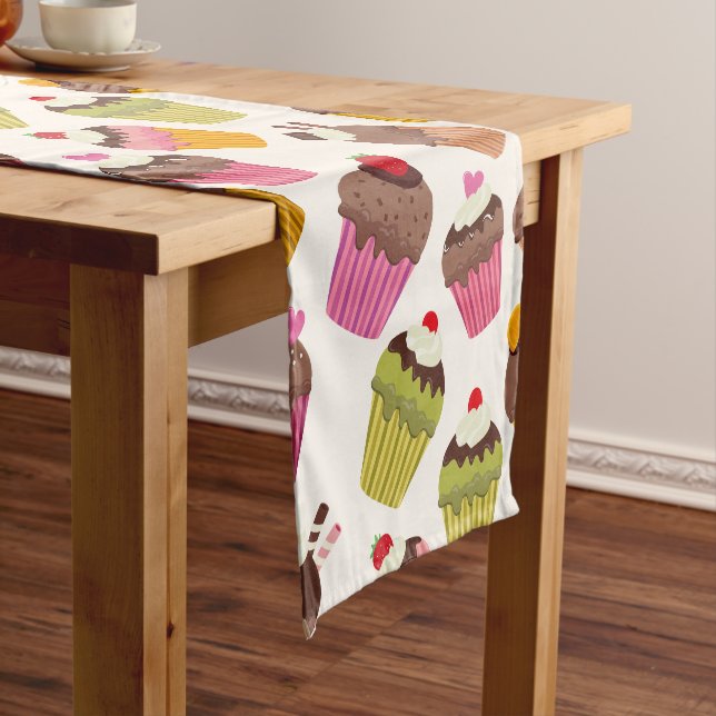 Cupcake Pattern, Muffin Pattern, Chocolate, Hearts Short Table Runner (In Situ)