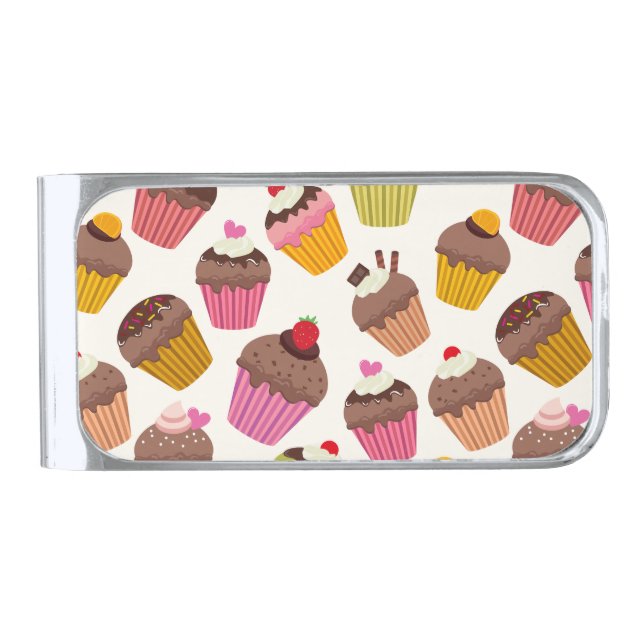 Cupcake Pattern, Muffin Pattern, Chocolate, Hearts Silver Finish Money Clip (Front)