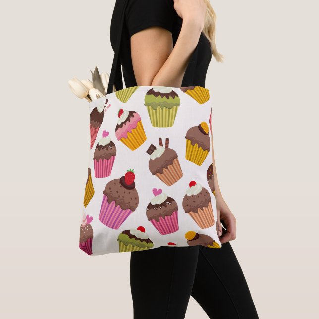Cupcake Pattern, Muffin Pattern, Chocolate, Hearts Tote Bag (Close Up)