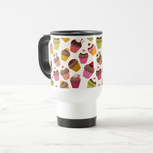 Cupcake Pattern Muffin Pattern Chocolate Hearts Travel Mug