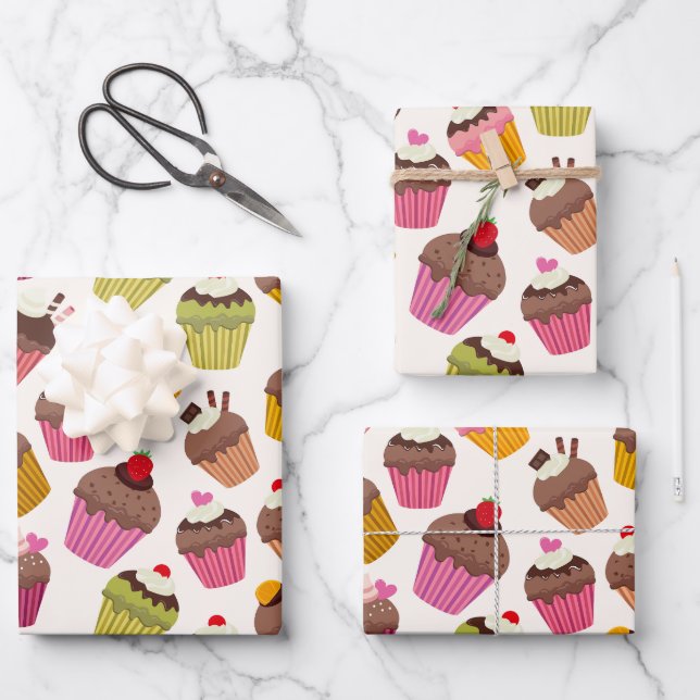 Cupcake Pattern, Muffin Pattern, Chocolate, Hearts Wrapping Paper Sheets (Front)