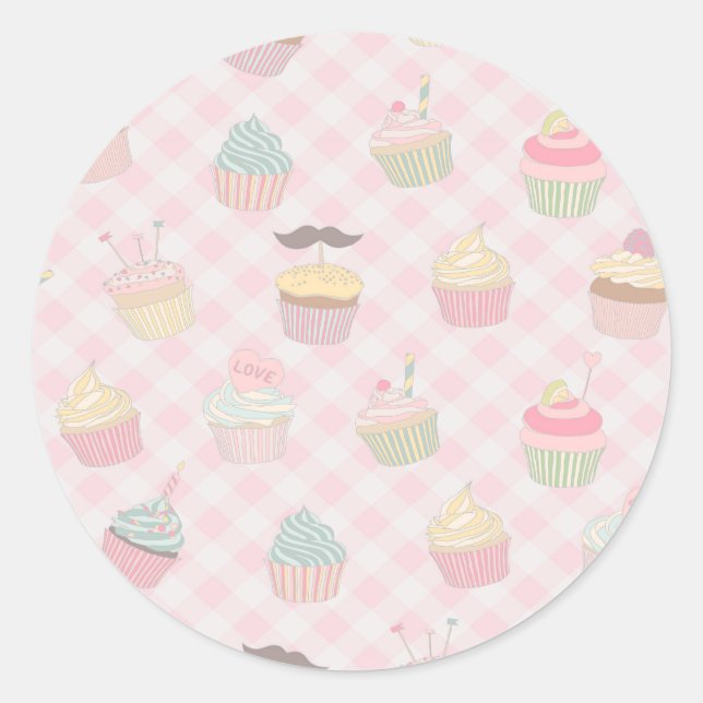 Cupcake Pattern Pink Gingham Classic Round Sticker (Front)