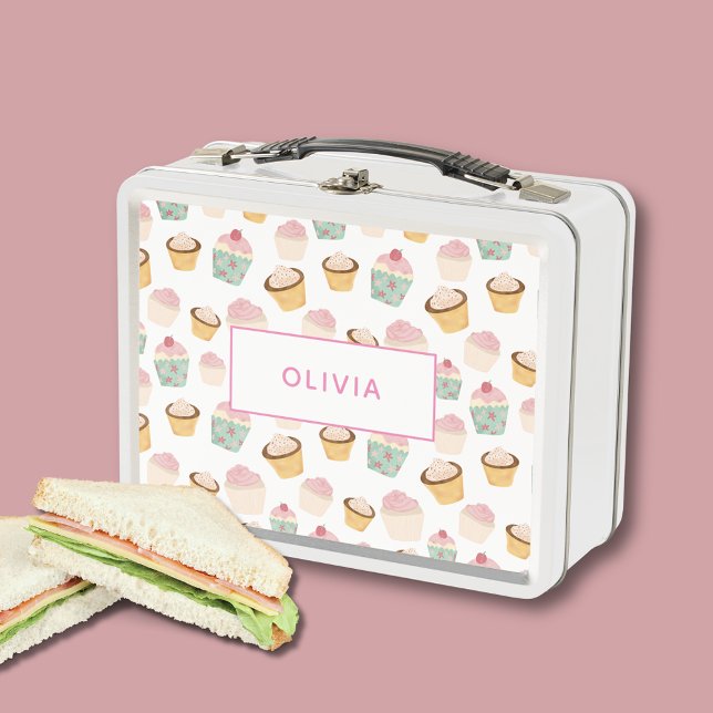 Cupcake Personalized Custom Name Metal Lunch Box (Cute cupcake lunch box, perfect for back to school. Personalize with your own name or text.)