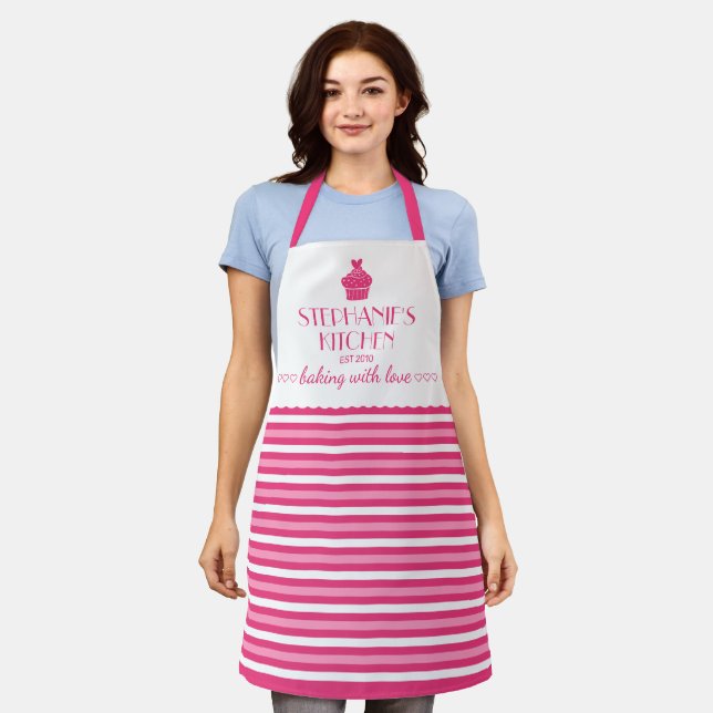 Cupcake Personalized Name Baking  With Love Stripe Apron (Worn)