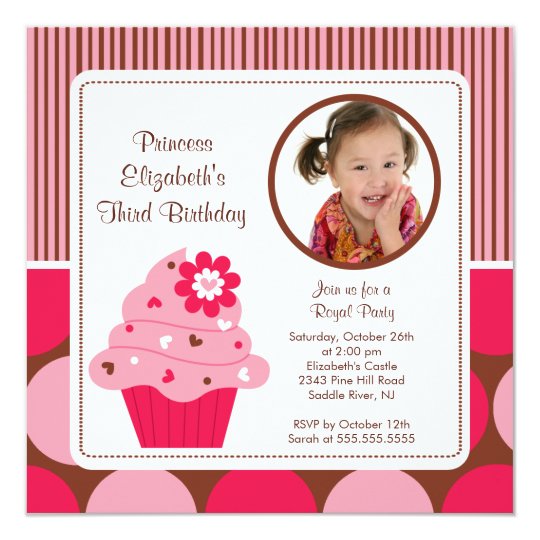 Cupcake Photo Birthday Invitation Pink Flower