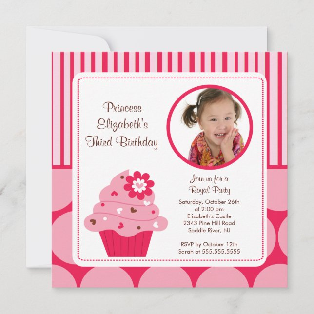 Cupcake Photo Birthday Invitation Pink Flower Dots (Front)