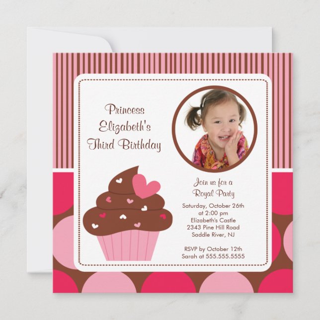 Cupcake Photo Birthday Invitation Pink Polka Dots (Front)