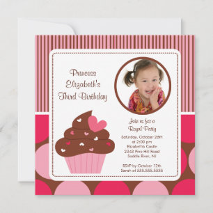 Cupcake Photo Birthday Invitation Pink Polka Dots