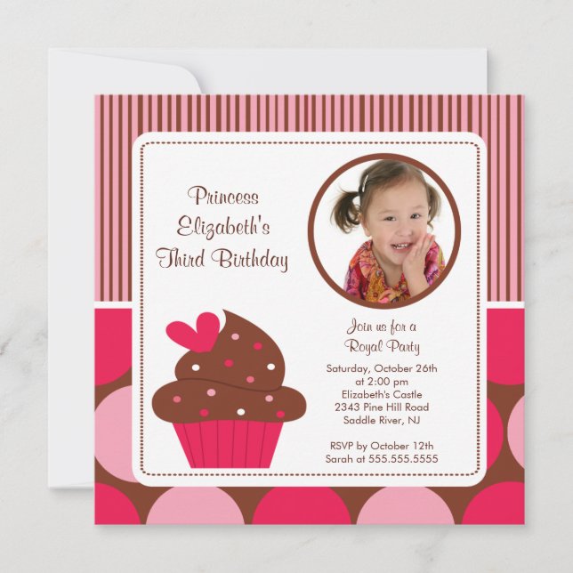 Cupcake Photo Birthday Invitation Pink Polka Dots (Front)