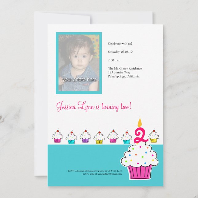 Cupcake Photo Invitation, Birthday Party Invitation (Front)