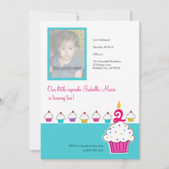 Cupcake Photo Invitations, Birthday Party Invitation (Front)