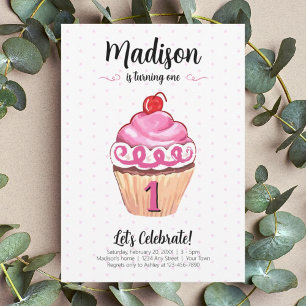Cupcake Pink Girl Photo 1st Birthday Invitation