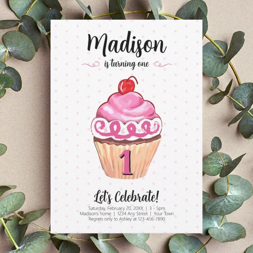 Cupcake Pink Girl Photo 1st Birthday Invitation