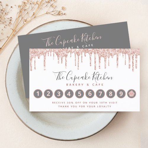 Cupcake Pink Glitter Drip White Bakery Pastry Chef Loyalty Card
