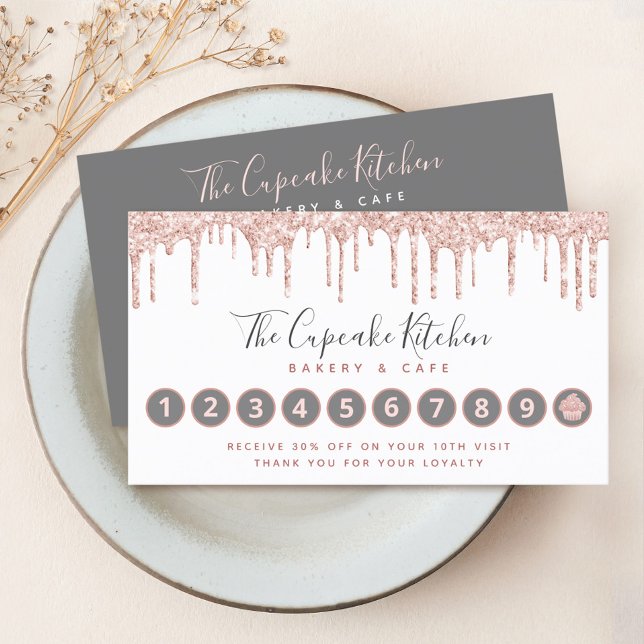 Cupcake Pink Glitter Drip White Bakery Pastry Chef Loyalty Card (Creator Uploaded)