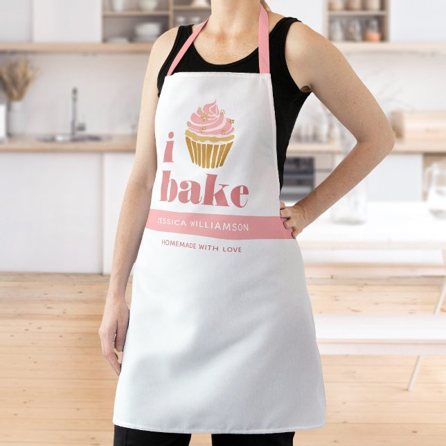 Cupcake Pink Gold I Bake Modern Bold Typography Apron (Creator Uploaded)