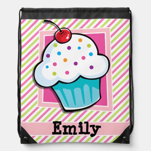 Cupcake Pink  Lime Green Stripes Drawstring Bag