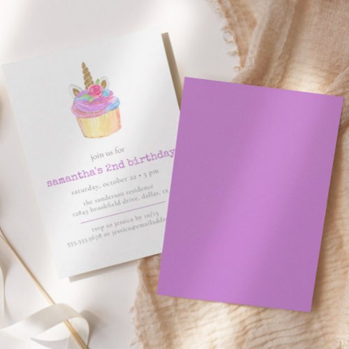 Cupcake Pink Purple Unicorn Gold Glitter Birthday Invitation