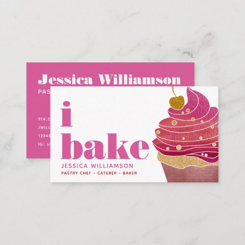 Cupcake Pink Red Gold Pastry Chef Bake Bold Type Business Card