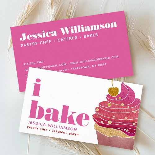 Cupcake Pink Red Gold Pastry Chef Bake Bold Type Business Card