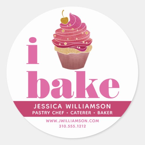 Cupcake Pink Red Gold Pastry Chef Bake Bold Type Classic Round Sticker