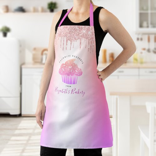 Cupcake Pink Rose Glitter Bakery Rainbow Ombre Apron