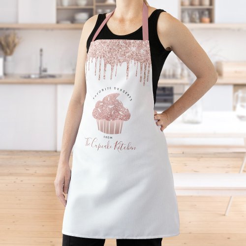 Cupcake Pink Rose Glitter Drips Bakery Pastry Chef Apron