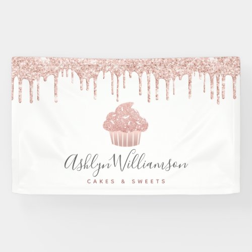Cupcake Pink Rose Gold Glitter Drips Bakery Chef Banner
