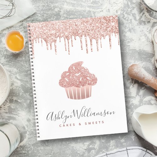 Cupcake Pink Rose Gold Glitter Drips Bakery Chef Notebook